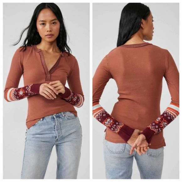 Free People Tops - Free People Rust Waffle Henley with Patterned Maroon Cuffs